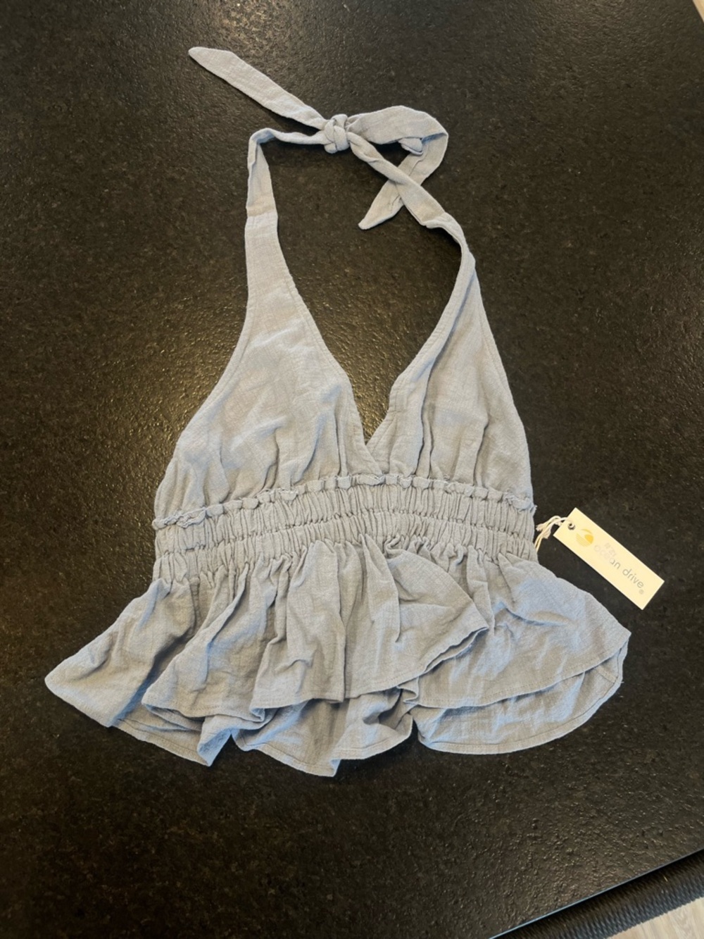 Ocean Drive Light Blue Smocked Halter Peplum Camisole